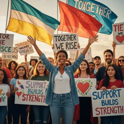 A vibrant assembly of people displaying rainbow flags, symbolizing solidarity and the leadership of women in community projects.